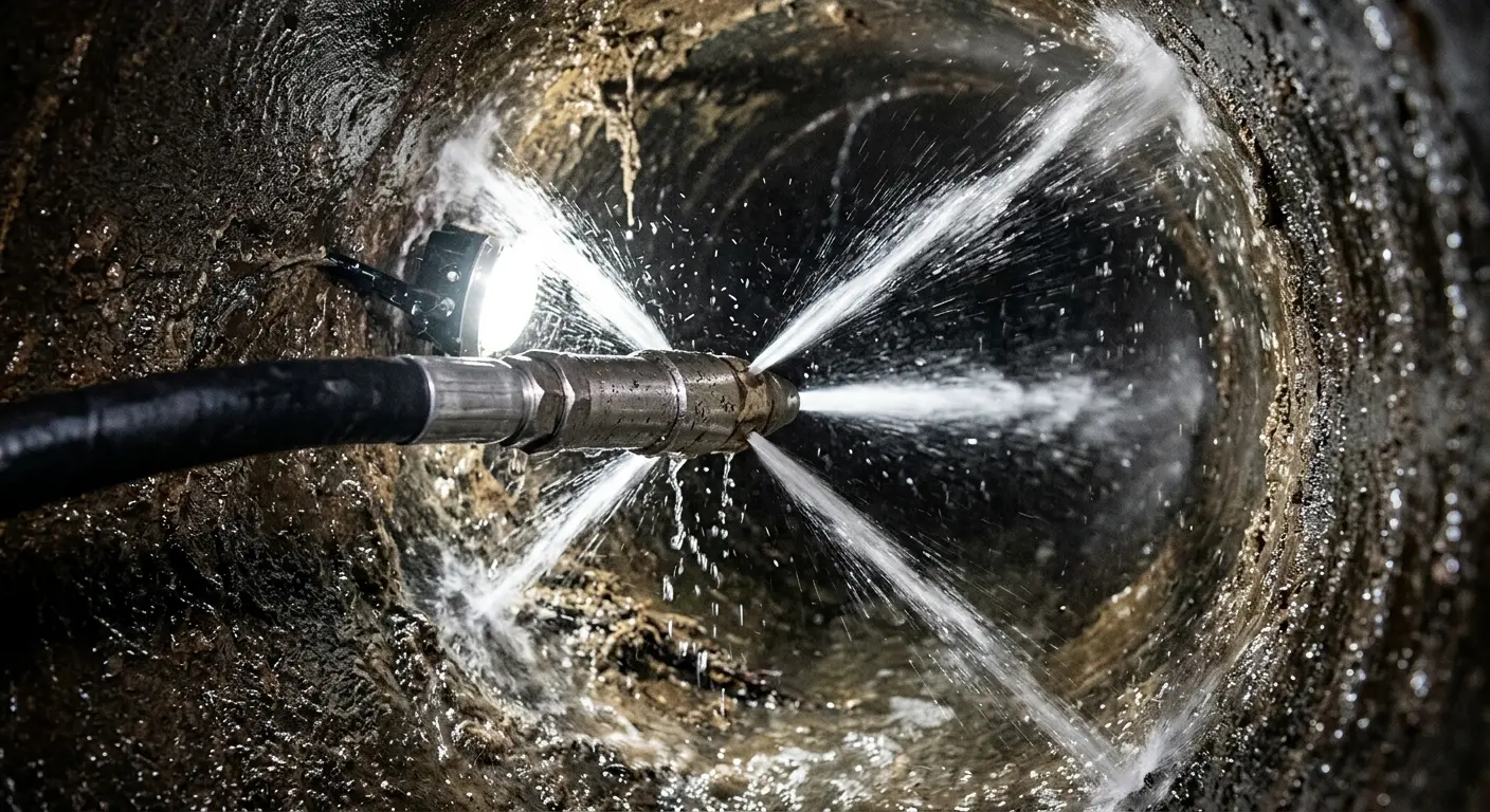High-pressure hydro jetting nozzle cleaning sewer pipe for Emergency Drain Service in Byron