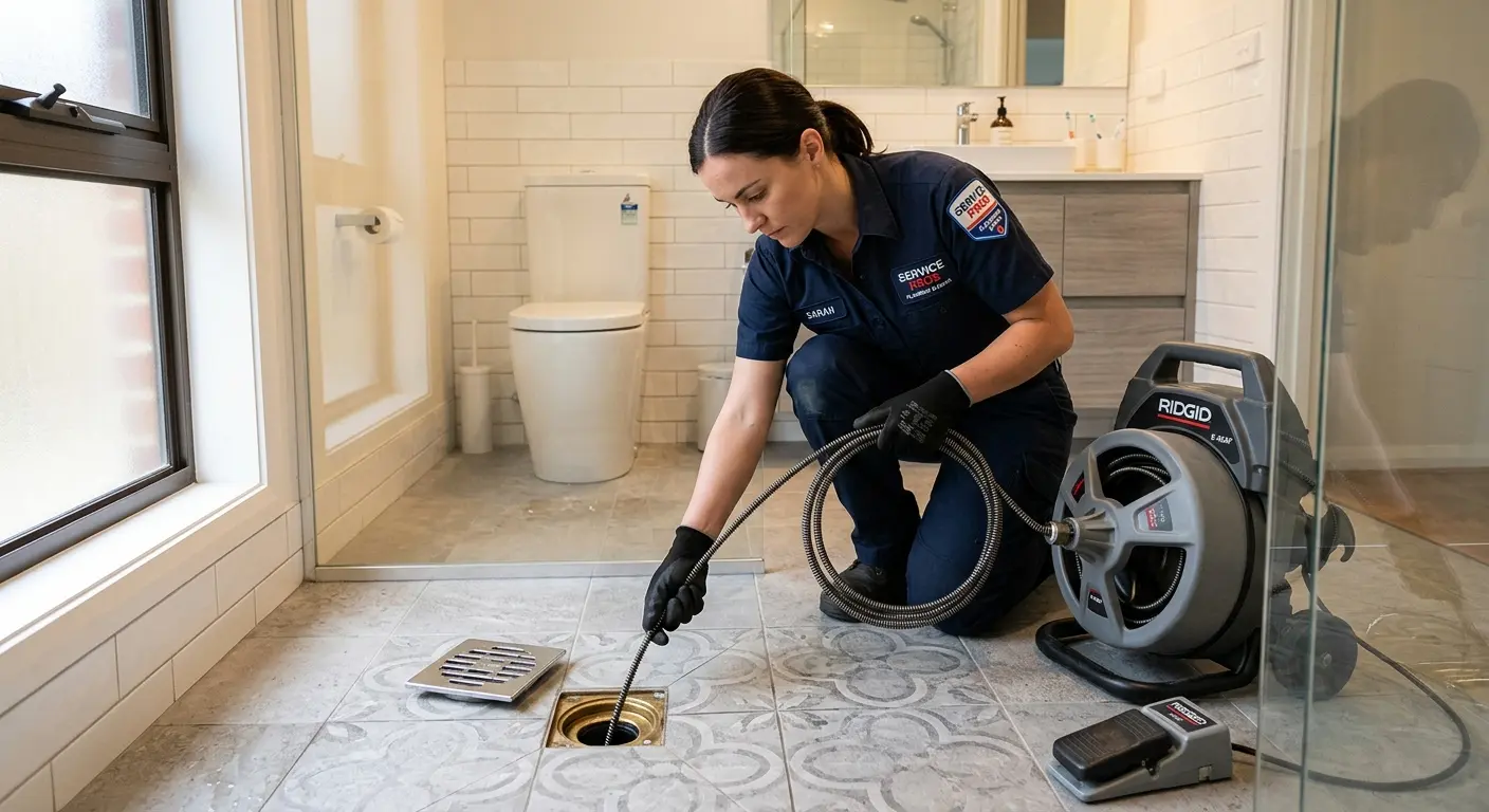 Technician clearing a bathroom floor drain for Drain Repair in Byron